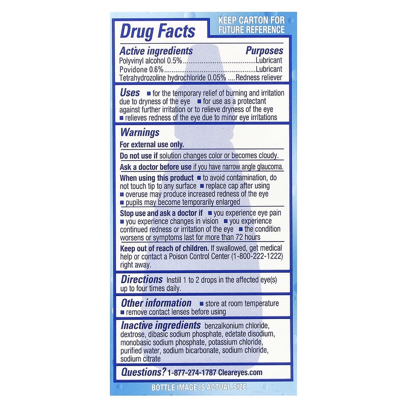 Clear Eyes Triple Relief oogdruppels verpakking achterzijde met gebruiksinformatie